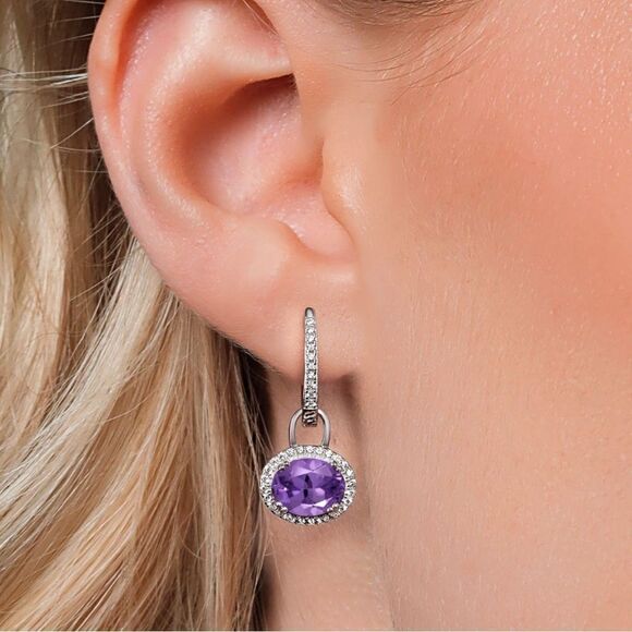 925 Sterling Silver with 4.16 Cttw Amethyst Oval Dangling French Lock Earrings - Picture 2 of 5